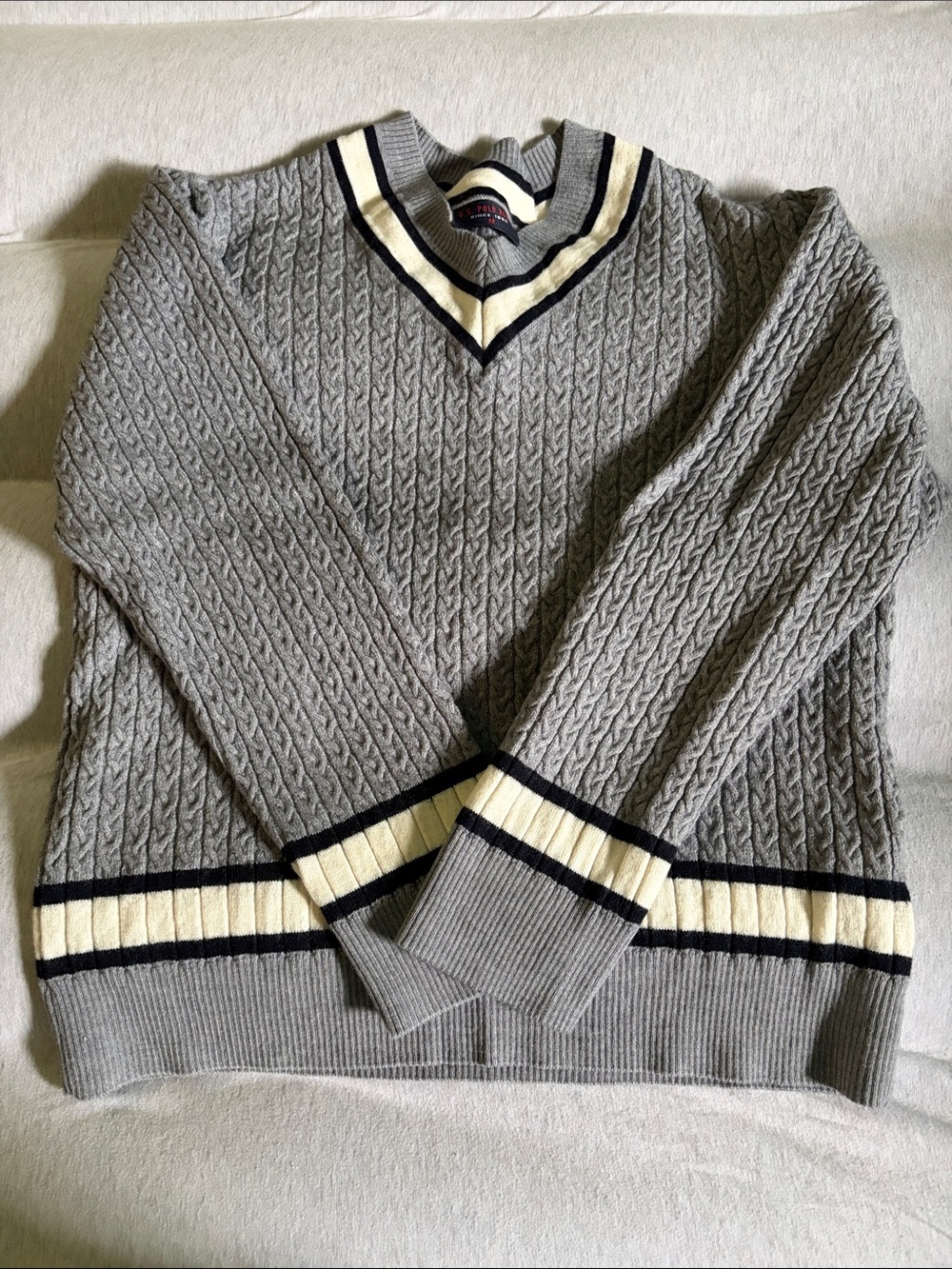 U.S Polo Women’s Cable Knit V-Neck Sweater - Gray with Cream & Black Trim